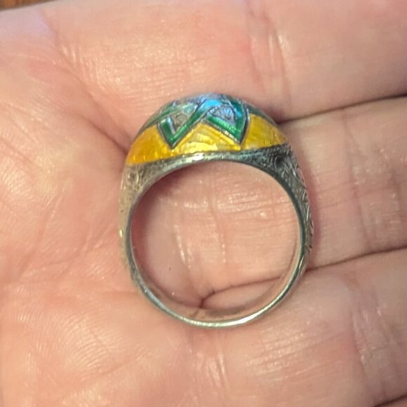 Vintage Sterling Silver Enamel Eastern Star 6 Point 925 Size 9 Dome Boho Stamped - Picture 7 of 9